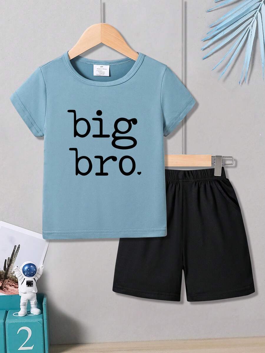 2pcs/Set Young Boys Big Bro Letter Print Round Neck Short Sleeve T-Shirt And Casual Sports Shorts Set