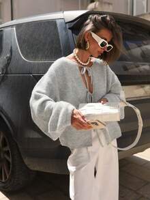 معطف نسائي كاجوال للعمل/المكتب بياقة مستديرة وأكمام طويلة وربطة عنق وكروشيه مزين بالدانتيل، جاكيت شتوية