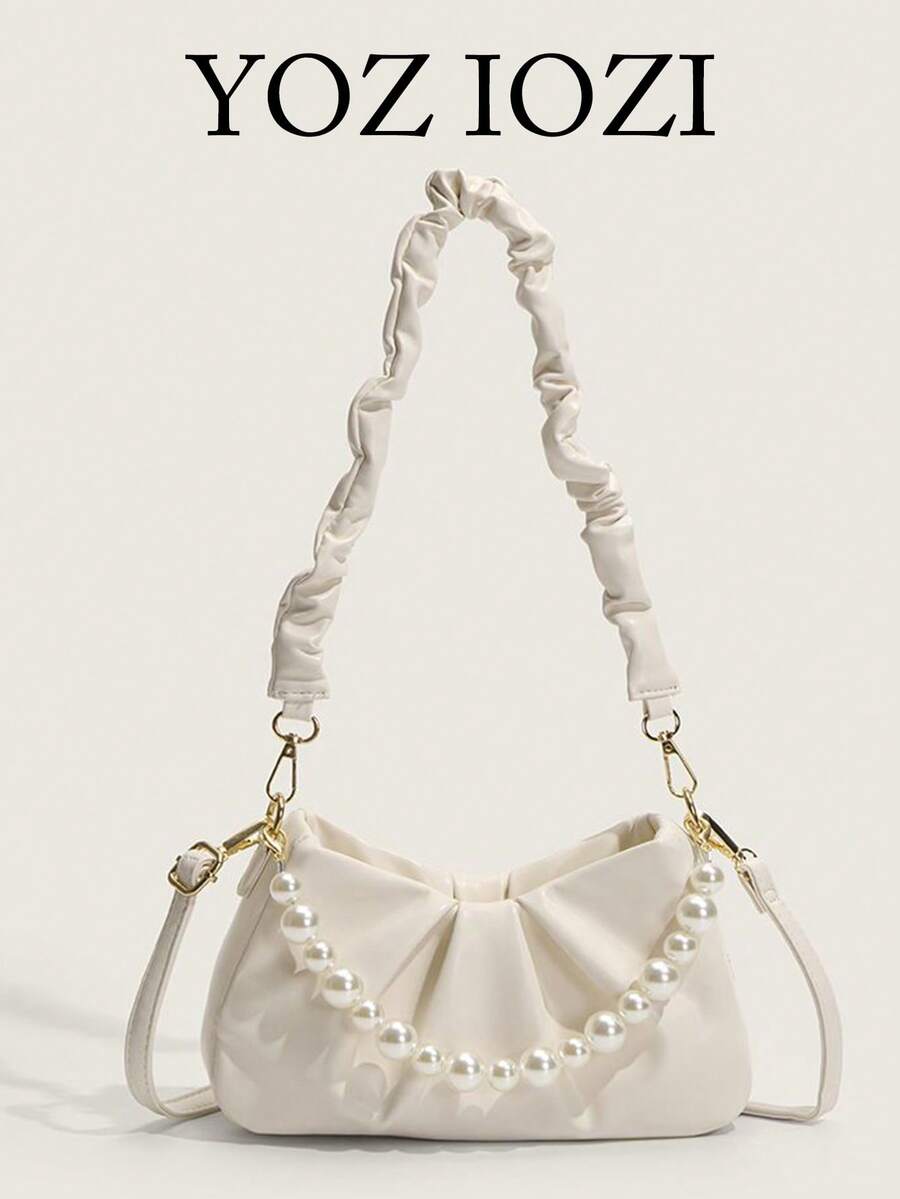 百搭时尚白色褶皱云朵钱包配珍珠链腋下单肩包，斜挎通勤手提包，适合女士 - 白色 - 查看 1