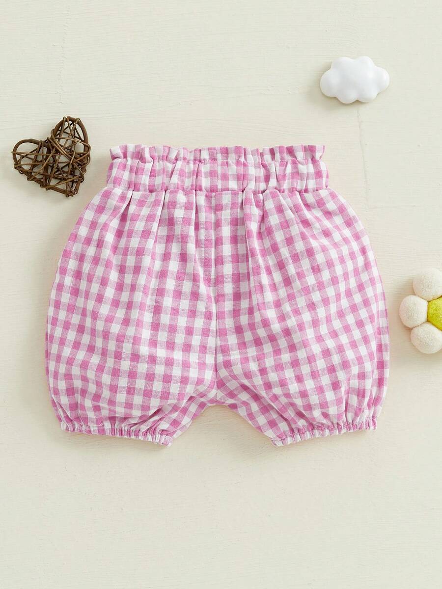 Toddler Baby Girl Bloomers Shorts Plaid Print Diaper Covers Elastic Waist Ruffled Detail Short Pants For Summer Holiday - Pink - View 1