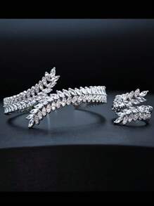 1 Set Of 2pcs European & American Fashion White Zirconia Bracelet Ring Set, Adjustable Design With Micro Inlaid Wheat Ear, Suitable For Women Daily Wear And Gifts