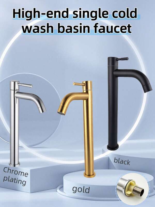 1pc Golden Black Silvery Basin Faucet - Deck Mounted Single Cold Water Tap With Stainless Steel - Durable And Easy-To-Install Sink Faucet For Bathroom