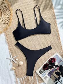 2 pezzi/set Bikini da donna di colore unito, reggiseno sexy con spalline regolabili e perizoma sgambato, per l'estate, nuoto e spiaggia