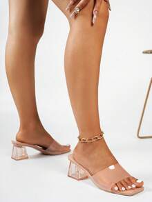 Wide Fit Women's French Square Toe Pink Strap Crystal Heel Sandals, Summer Outdoor Non-Slip Thick Heel Slippers, Suitable For Wide Feet, Plus Size - Pink - View 8