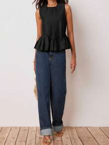 Womens Peplum Babydoll Tops Cute Pleated Sleeveless Ruffle Strap T Shirts Tank Summer Tops - 黑色 - 查看 3