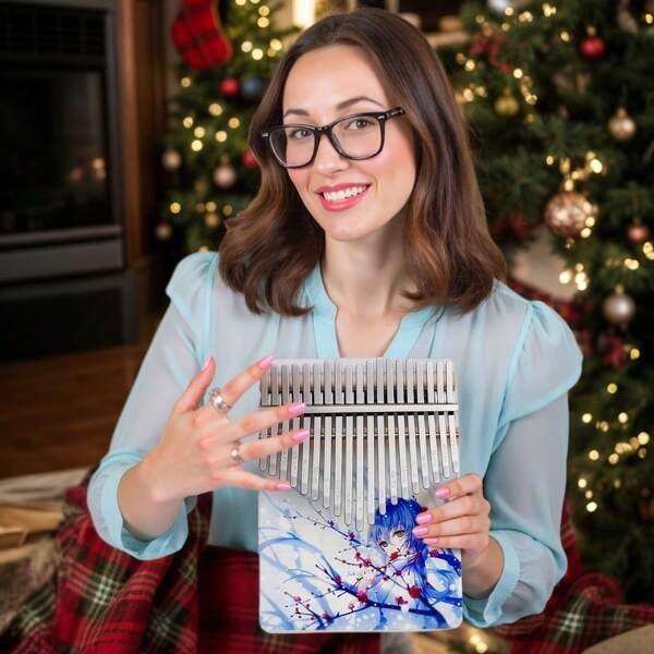 21-Key Portable Kalimba Thumb Piano With Anime Art Design, Solid Wood Flat-Plate Mbira For Beginners & Professionals - Includes Learning Instructions & Tuning Hammer, Perfect For Outdoor Parties, Blue, Musical Instrument | Anime Design Mbira | Portable Design
