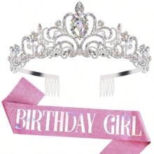 2pcs/Set Baroque Rhinestones Birthday Princess Queen Sash Ribbon Birthday Queen Crown Tiara Rhinestone Birthday Headbands Birthday Sash With Ribbon Pearl Pin Happy Birthday Crown And Sash Ribbon For Birthday Party Ball Decoration Bridal Tiara For 13th 16th 18th, 20th, 30th, 40th, 50th, And 60th 70th 80th Birthdays - Add A Touch Of Elegance To Your Party Decorations Party Supplies Ribbon