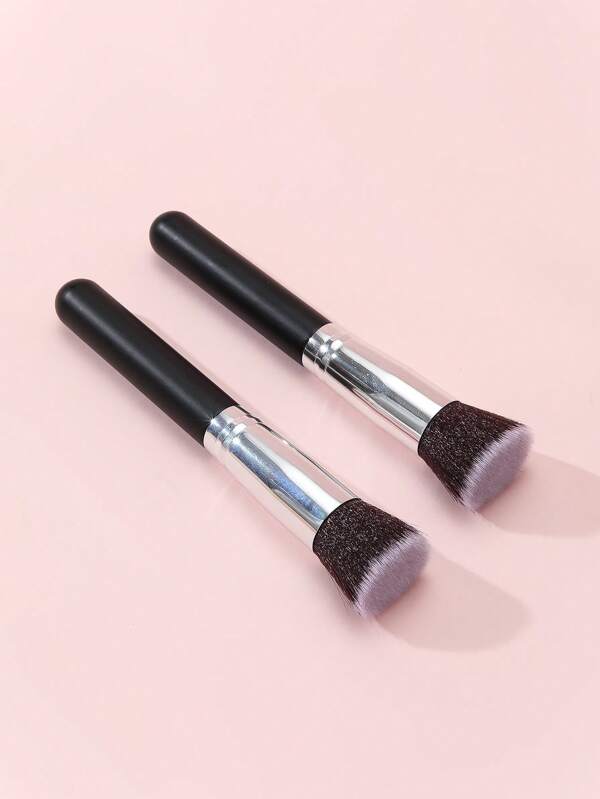 2 piezas Brocha plana de tapa plana para base de maquillaje, brocha para corrector, brocha para contornos, brocha para polvos con mango de madera y virola de aluminio