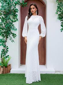 Vestido de Noiva Feminino de Gola Redonda, Mangas Longas, Mangas Trompete, Alças Largas Costas Abertas, Comprimento até o Chão, Vestido de Festa Elegante