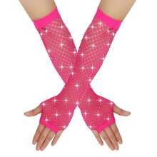 Long Fishnet Glove With Rhinestone Decor, Elegant Hollow Out Elastic Rhinestone Arm Sleeve, Punk Rhinestone Detail Fingerless Glove, Suitable For Party, Club, Performance, Disco, Music Festival Outfits Christmas