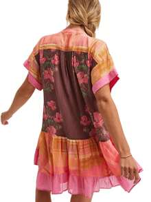 Womens Boho Floral Babydoll Mini Dress Y2k Deep V-Neck Puff Sleeve Ruffle Hem Flowy Short Dress Cute Summer Patchwork Going Out Dresses Loose Beach Vacation Sundress - 粉色 - 查看 3