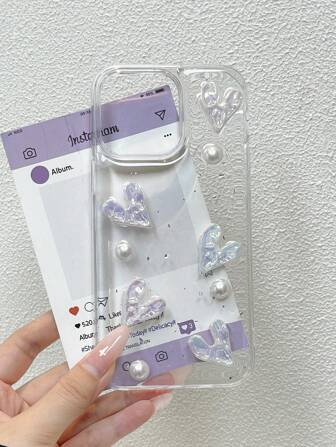 1pc Textured Transparent Glitter 3D Pearl Heart Acrylic Epoxy 2-In-1 Phone Case, Suitable For IPhone 11 12 13 14 15 Pro Max