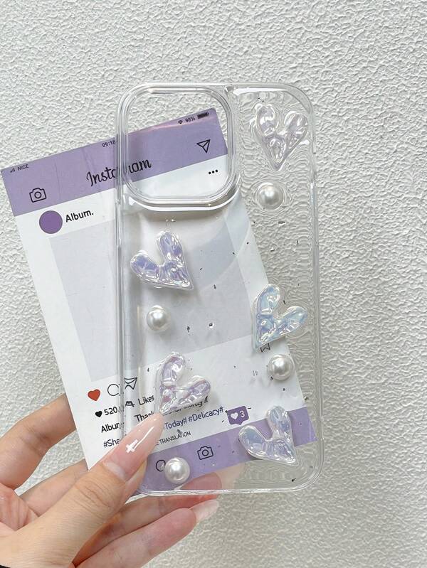 1pc Textured Transparent Glitter 3D Pearl Heart Acrylic Epoxy 2-In-1 Phone Case, Suitable For IPhone 11 12 13 14 15 Pro Max