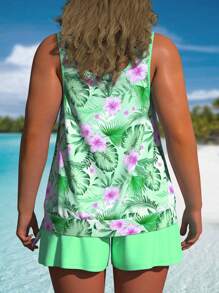 Plus Size Women's Tankini Set Tank Top&Shorts Green Plants, Leaves, Flowers Floral Print
