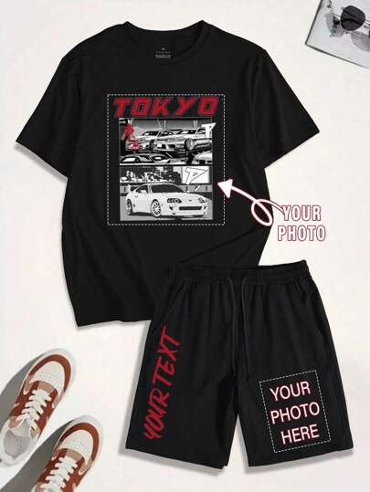 Customized Men's 2 Pieces Set T-Shirt & Shorts, Casual Loose Street Sporty Holiday Outdoor, Suitable For Boyfriend, Family, Friend Birthday, Customized Graphic Round Neck T-Shirt & Drawstring Shorts