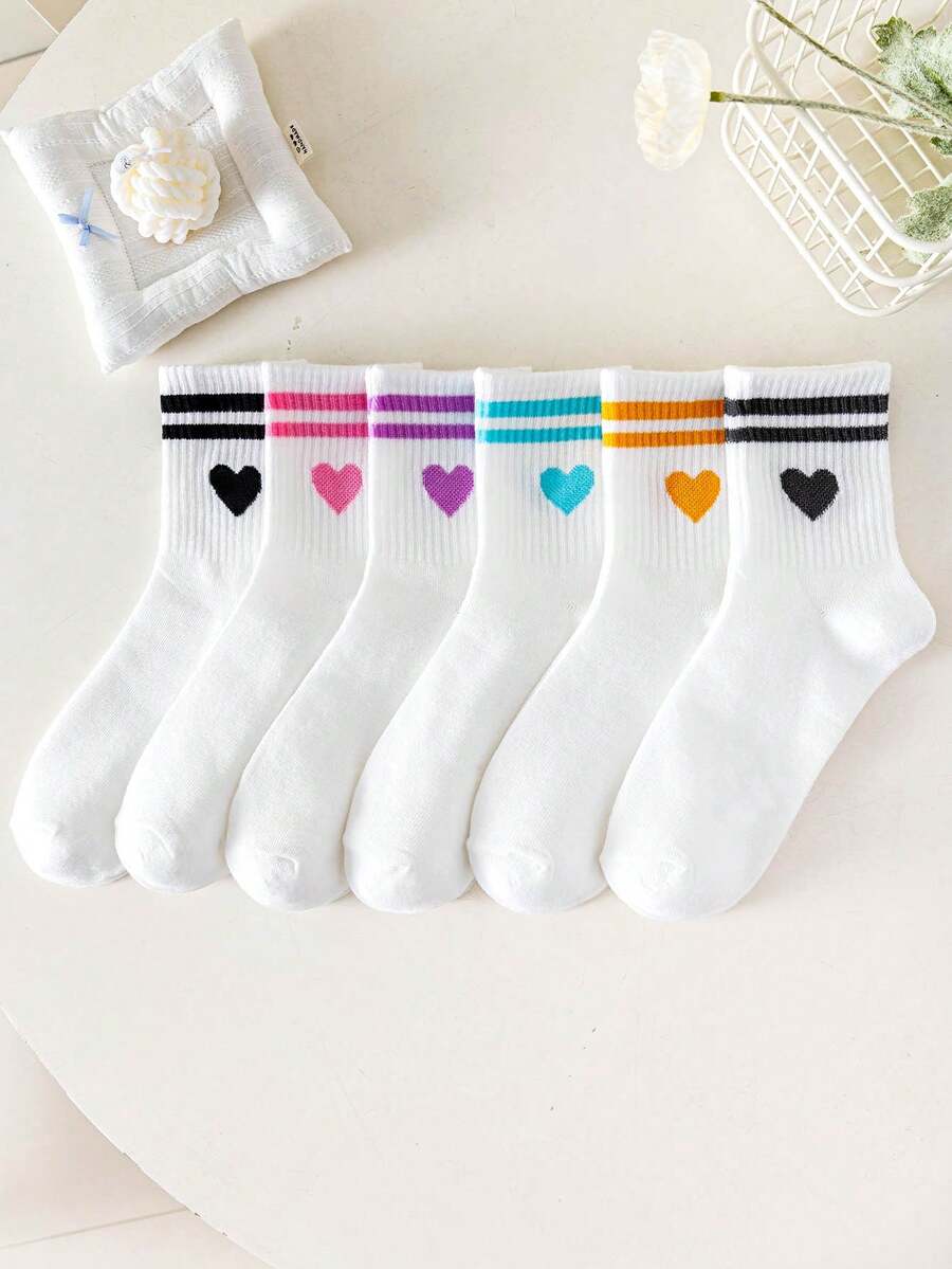6 双开学/情人节休闲、运动、街头、学院风、年轻休闲吸湿排汗柔软面料袜子，适合春/夏/秋/冬日常使用 - 白色 - 查看 1