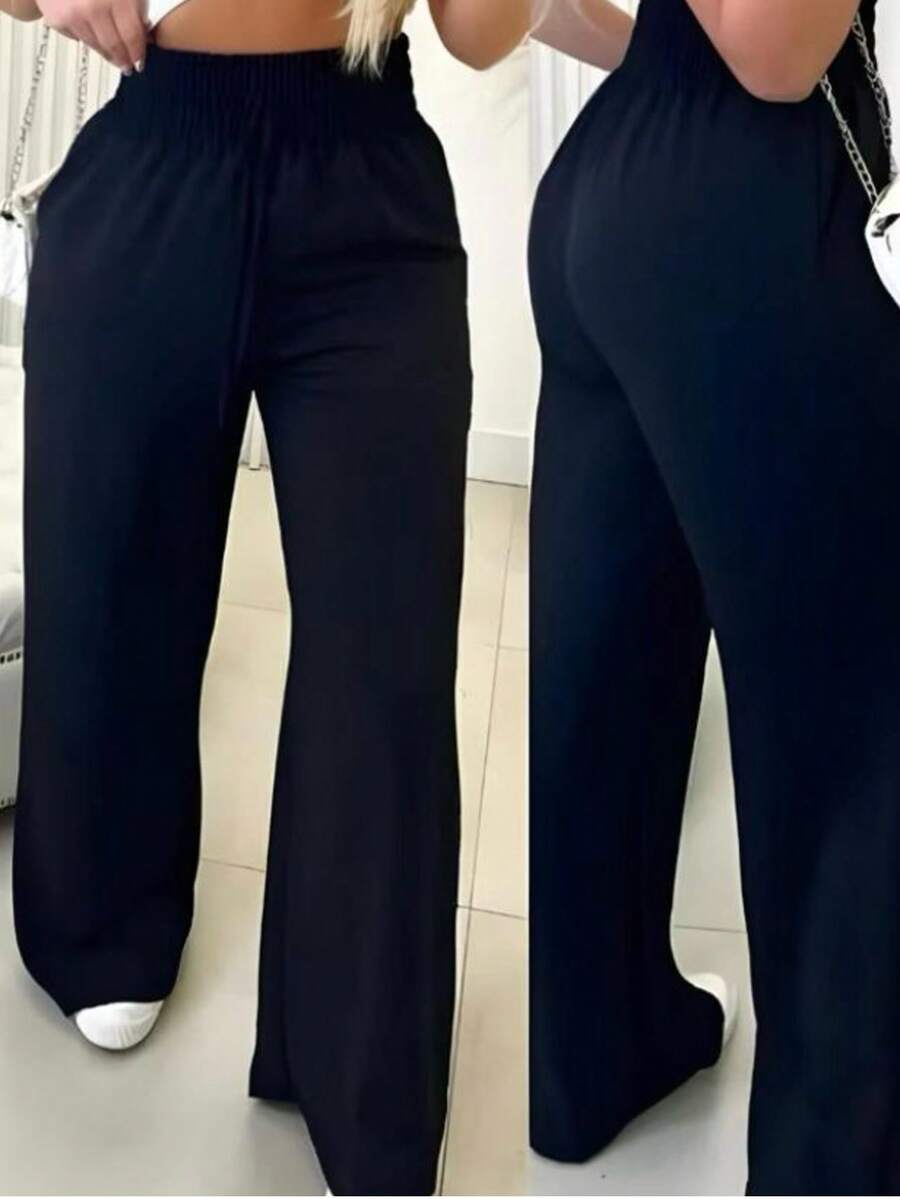 Simple Casual Drawstring Pocket Trousers Daily Winter Pants - 黑色 - 查看 1