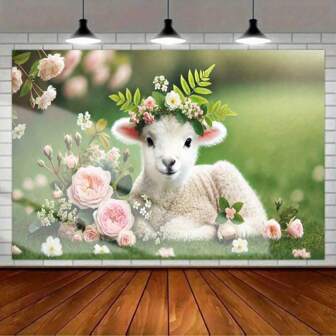 1 Pc Polyester Festival Of Sacrifice Theme Young Lamb & Floral Pattern Backdrop - Durable For Events & Photography, No Electricity Needed