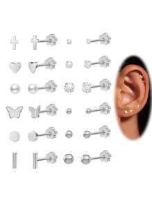 Flower Flat Back Earrings For Women, 14K Gold Cartilage Earring Tragus Helix Small Hypoallergenic Titanium Steel Screw Back Earrings CZ/Ball/Pearl/Dot/Heart/Cross/Butterfly Stud Earrings Jewelry Gift For Her