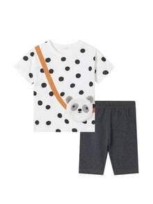 女童可爱熊猫刺绣 T 恤和短裤套装，100% 针织面料，圆领，短袖，略有弹性，儿童休闲夏季服装，户外 - 白色 - 查看 9