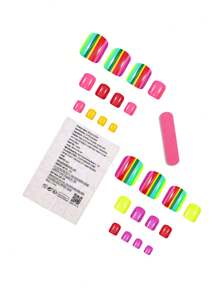 24 sztuki Summer Rainbow Stripe Fake Nail Art Short Square Toe Press On Nails Set
