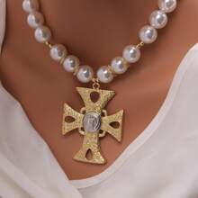 1 pièce Grand collier de pendentif croix pour femmes, conception esthétique, collier ras-de-cou avec perles de verre