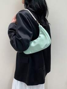 Bolso de hombro en forma de media luna con cadena de perlas, elegante bolso bandolera, bolso de mano mini, bolso casual para exteriores, versátil bolso para viajes