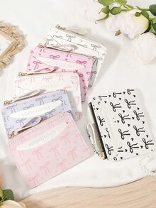 Cartera pequeña con cremallera, estilo minimalista, patrón de lazo rosa con bolsillo para monedas, billetera femenina delgada y ligera, de varios compartimentos, para tarjetas de identificación, dinero y tarjetas de crédito, regalo de aniversario, cumpleaños, para niñas, mujeres y damas, útil para útiles escolares, dormitorio y regreso a clases - Rosa - Ver 2