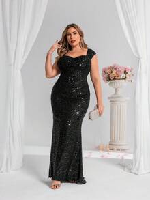 CHOSMO Große Größen neue Sommer Pailletten Hochzeit Frauenkleider, wunderschöne elegante Abendkleider, schlanke Taille lang Frauenkleider, formell, Partykleid, Abendkleid, für Abend, Hochzeitsgast - Schwarz - Übersicht 6