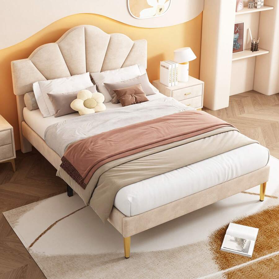 Flieks King Size Bed Frame, 5FT(150 * 200cm) Double Bed, Shell-Like Upholstered Double Bed With Golden Iron Legs & Height-Adjustable Headboard, Wooden Slatted Double Bed Frame - 米色 - 查看 1