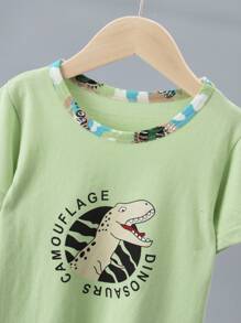 Set de 6 piezas de pijama corto con estampado de dinosaurios de dibujos animados y color de contraste, de manga corta y pantalones cortos, ropa de casa ligera de algodón para niños pequeños