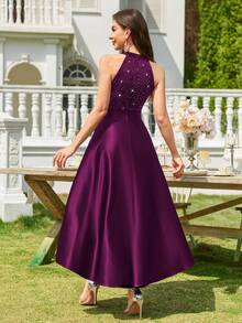 MIUSOL Halter Neck Sequin Floral Lace Contrast Satin High-Low Hem Evening Party Long Dress, Formal Evening Gown, Prom Dress, For Wedding Guest, Graduation, Dinner