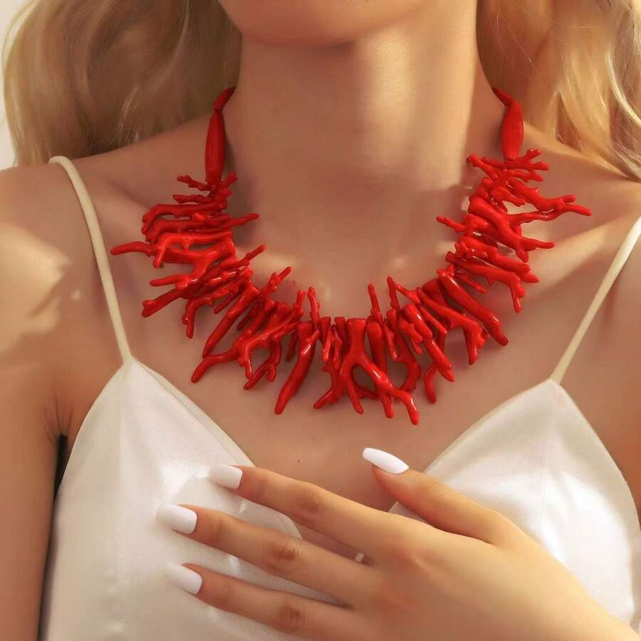 1 peça Corrente de clavícula com contas de coral vermelho, moderna e criativa, estilo férias, praia, férias, festa diária, joias versáteis, corrente de clavícula