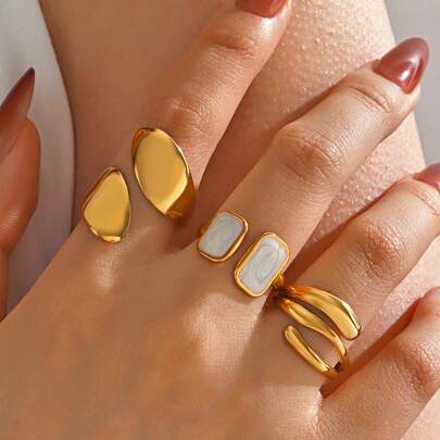 Set de 3 piezas de anillos geométricos de estilo minimalista, chapados en oro de 18k, de acero inoxidable, adecuados para uso diario