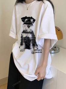 Dog Print Short Sleeve T-Shirt For Women, Casual Oversized Korean Style Tops For Summer