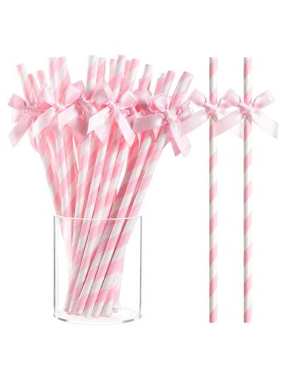 10/20/30/40PCS Glitter Bow Decor Paper Straws, Pink Striped Paper Straws With Ribbon Bow, Cute Cartoon Stripe Paper Straws, Stripe Drinking Straws Bow Ties Straws For Bow Party Decoration, For Drinking And Crafts, Party Paper, Straws, Tableware Supplies,For Birthday Party Wedding Shower Party Supplies, Halloween, Valentine's Day, Christmas, Thanksgiving Gifts, 1pc