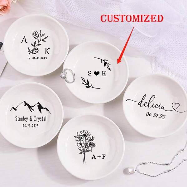 1PC Custom Round Ceramic Ring Dish, Personalized Wedding Ring Dish, Engagement Ring Holder, Anniversary Gifts, Wedding Gift, Gifts For Newlywed