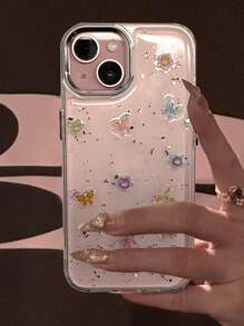 Cute Sequins Epoxy Colorful Butterfly Flower Clear Phone Case Compatible With IPhone 16 15 14 13 12 11 Pro Max Floral Stylish Shockproof Bumper Back Cover