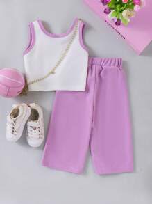 2 piezas Conjunto casual de bebé/niña con top de tirantes de colorblock y pantalones rectos lisos, para verano