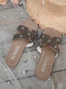 1 Pair Girls Open Toe PU Leather Flat Non-Slip Bottom Slide Sandals, Comfortable Fashion Suitable For Summer Outdoor, Beach