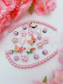 20pcs/Set Cute Pink (Flower, Butterfly, Heart, Crystal Bear, Star) ABS Resin Charm Accessories, Pink Beaded Chain, Fit For Women Sandals, Slippers, Hollow Shoes, Suitable For Festival Party, Perfect Gift