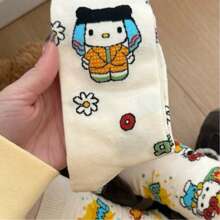 Sanrio 1Pair Sanrio For Hello Kitty & Friends Women'S Kawaii Cat Crew Socks - Cute Cartoon Designs, Breathable Polyester, Perfect For Work & Casual Wear, Available In Multiple Colors, Cute Socks