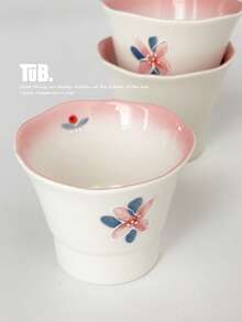 2pcs 130ml Vintage Lily Ceramic Tea Cups, Handpainted Floral Rim Small Tea Cups/Mugs, Suitable For Afternoon Tea, Coffee Cups For Hosting Guests, Home & Restaurant Use - Pink - View 3