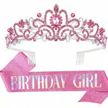 2pcs/Set Baroque Rhinestones Birthday Princess Queen Sash Ribbon Birthday Queen Crown Tiara Rhinestone Birthday Headbands Birthday Sash With Ribbon Pearl Pin Happy Birthday Crown And Sash Ribbon For Birthday Party Ball Decoration Bridal Tiara For 13th 16th 18th, 20th, 30th, 40th, 50th, And 60th 70th 80th Birthdays - Add A Touch Of Elegance To Your Party Decorations Party Supplies Ribbon
