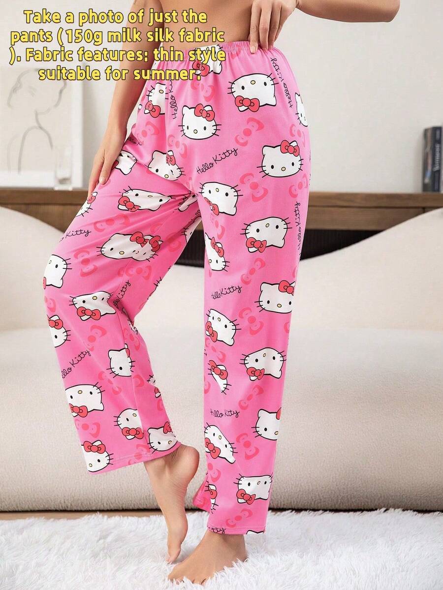 1pc Sanrio Character Series Fully Allover Print Hello Kitty Milk Silk Casual/Loungewear Pants, Cartoon Cat Loose Sleepwear Bottoms For Women - Hồng - Xem 1