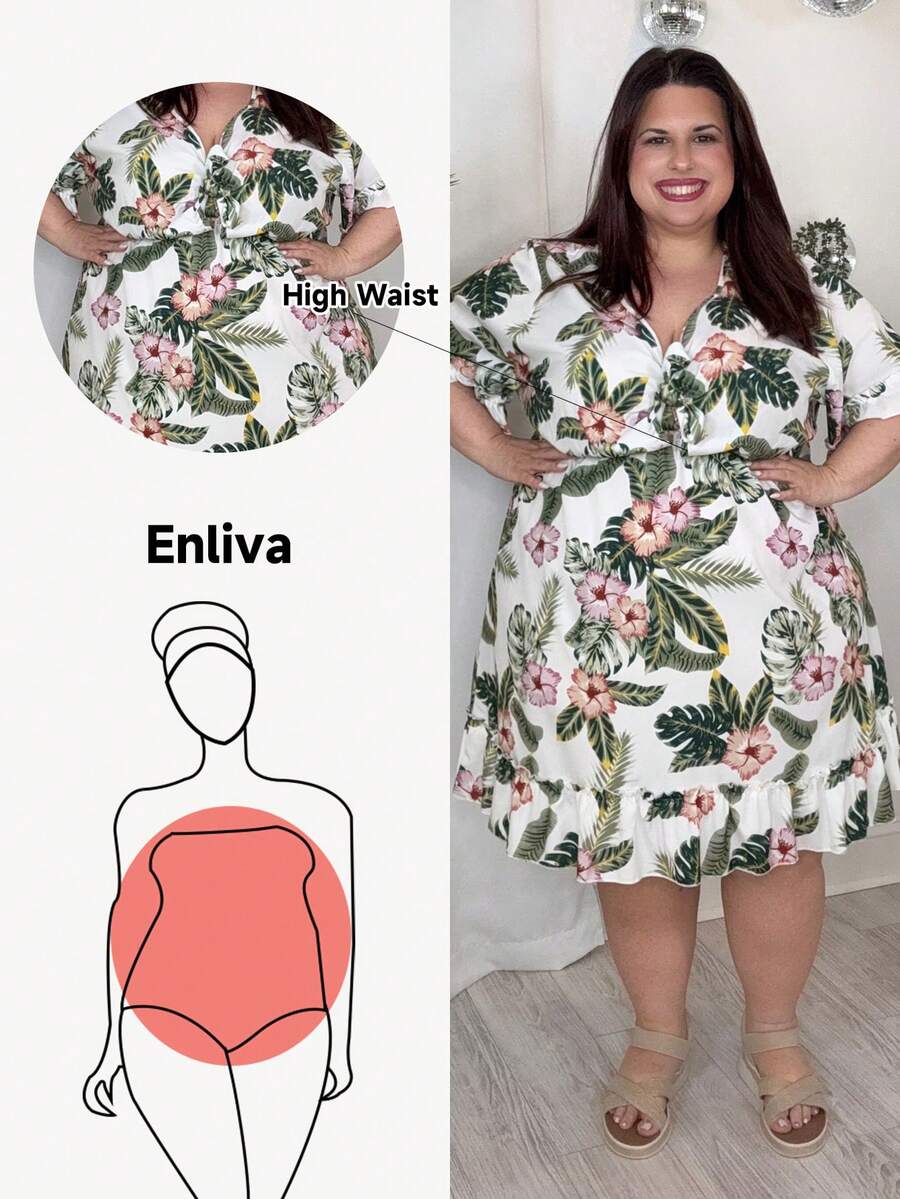 Enliva Jennifer_samantha_style Plus Size Women's Plant And Floral Print Front Tie Dress, Suitable For Summer, For Apple Rounded Body Shape - White - View 1