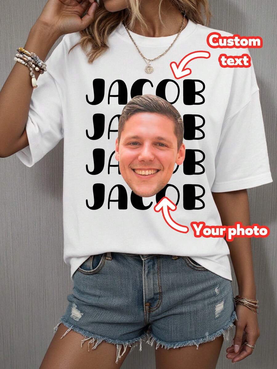Customized Face And Text Printed Shirt, Personalized Photo Face, Custom Bachelor Party, Bride, Custom Gift, Custom Face Shirt, Custom Groom Face Shirt, Custom Women T-Shirt - Add Your Own Text And (Boyfriend/Girlfriend/Family Photo/Selfie/Pet Photo/Friend Photo) To Design Your Personalized Graphic T-Shirt,Ornamental,Dawg,Unique,Custom,Ideal Gifts For Her,Family,Friends,Pink Girls,For Holiday,For Vacation,For Anniversaries - White - View 1