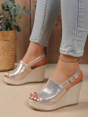 Women's 10cm Platform Wedge Sandals, Casual Thick Bottom Slip-On Sandals, Gold Fashion Buckle Strap