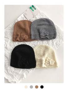 Un sombrero tipo gorro de punto con diseño minimalista elegante, lazo y flores 3D huecas; sombrero de moda y versátil de verano para mujeres