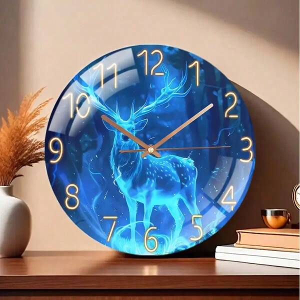 1 stuk blauwe, glinsterende stille wandklok in de vorm van een hert - glas, niet-verlicht, 2D-ontwerp met sprankelende lampjes, werkt op batterijen (AA niet inbegrepen) voor woonkamer, slaapkamer, kantoor en keuken - Valentijnsdag- en jubileumcadeau, woondecoratie, hertenhuisdecoratie
